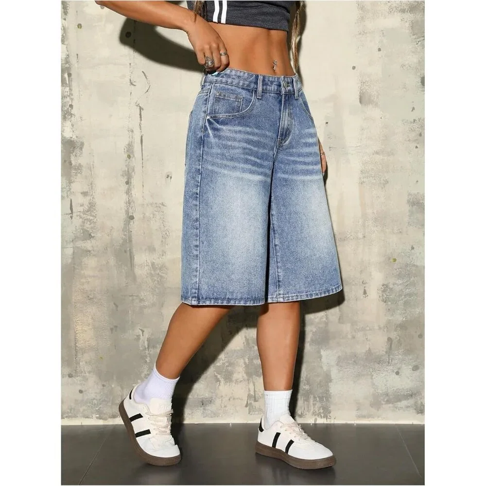 Women's Baggy Denim Shorts Casual Wide Leg Bermuda Jean 32